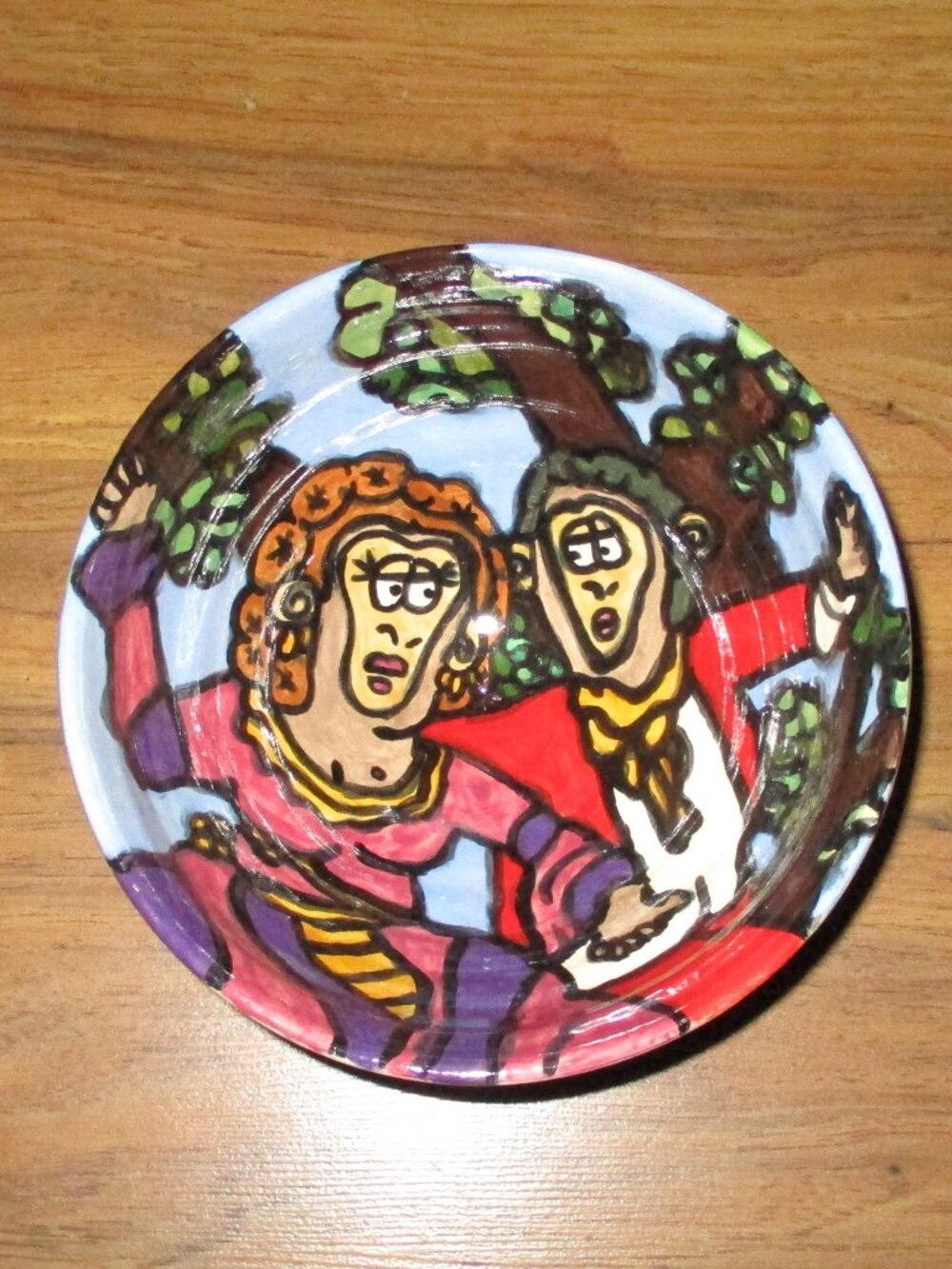 Hand painted Man & Woman Pottery footed Bowl 2016 TAS Artist